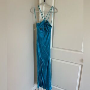 WORN ONCE Bardot x Revolve Daring Satin Maxi Dress in Marine Blue